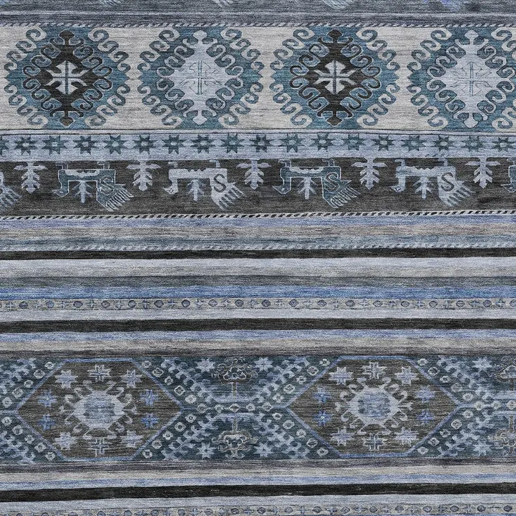 10' X 14' Blue Gray And Charcoal Tribal Washable Indoor Outdoor Area Rug
