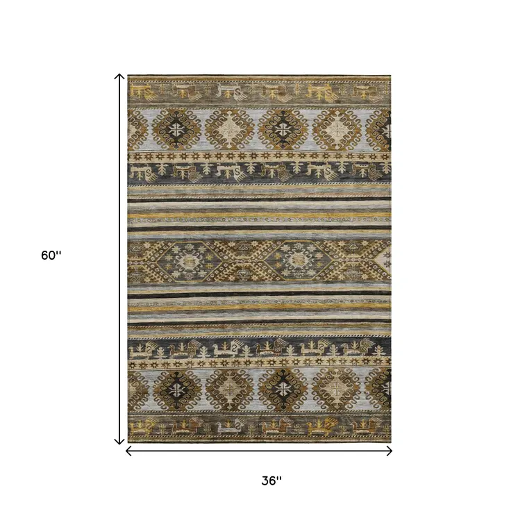 3' X 5' Chocolate Taupe And Gold Tribal Washable Indoor Outdoor Area Rug