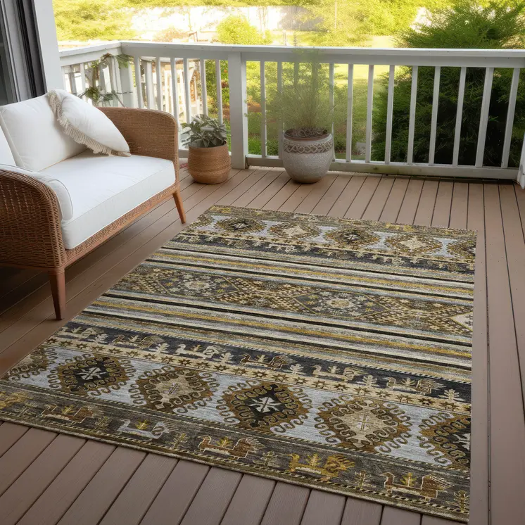 3' X 5' Chocolate Taupe And Gold Tribal Washable Indoor Outdoor Area Rug