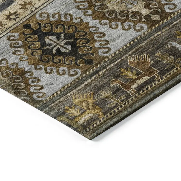 3' X 5' Chocolate Taupe And Gold Tribal Washable Indoor Outdoor Area Rug