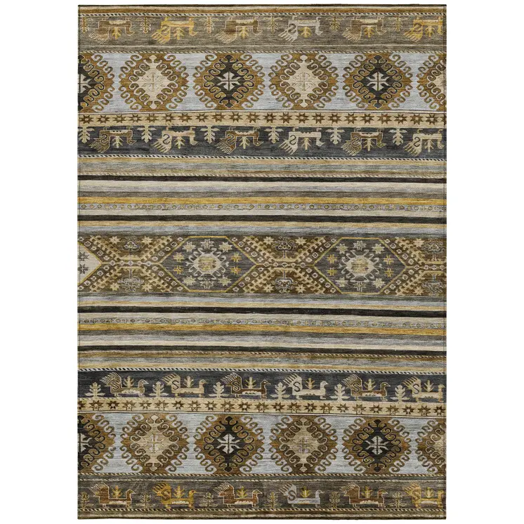 5' X 8' Chocolate Taupe And Gold Tribal Washable Indoor Outdoor Area Rug
