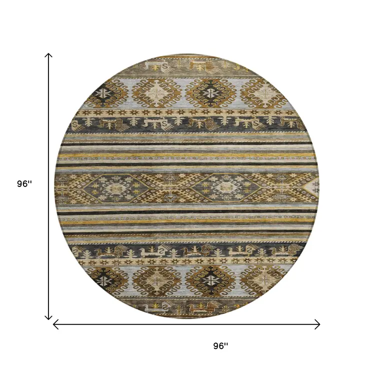 8' Chocolate Taupe And Gold Round Tribal Washable Indoor Outdoor Area Rug