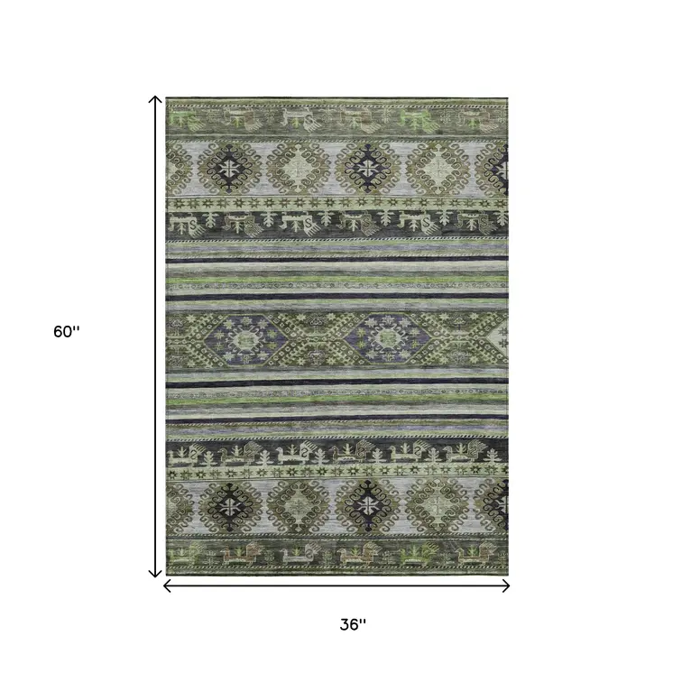 3' X 5' Fern Green Taupe And Ivory Tribal Washable Indoor Outdoor Area Rug