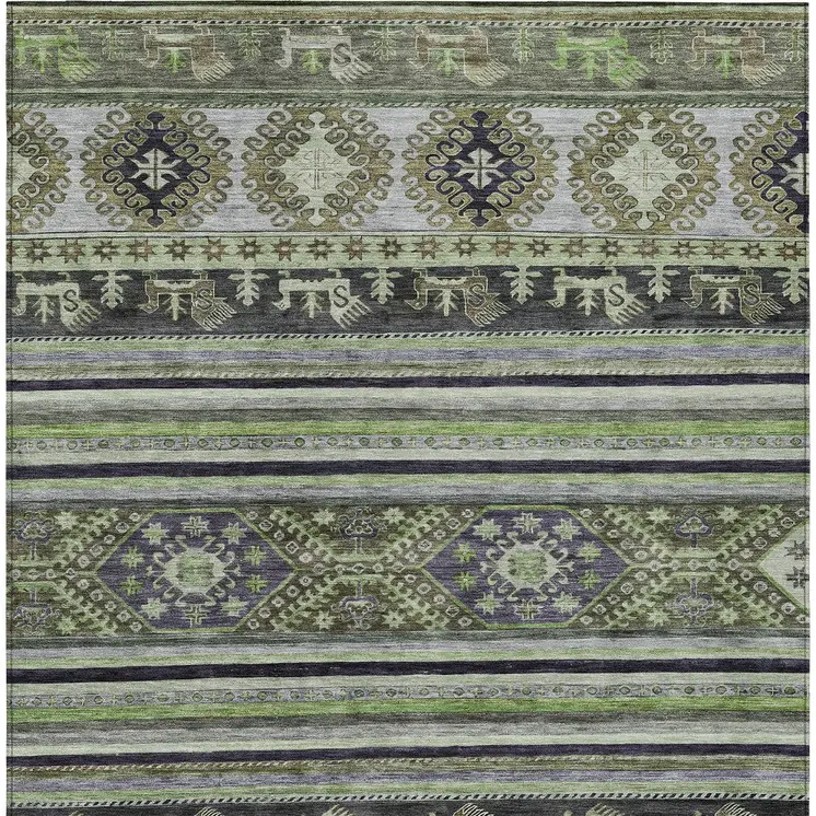 5' X 8' Fern Green Taupe And Ivory Tribal Washable Indoor Outdoor Area Rug