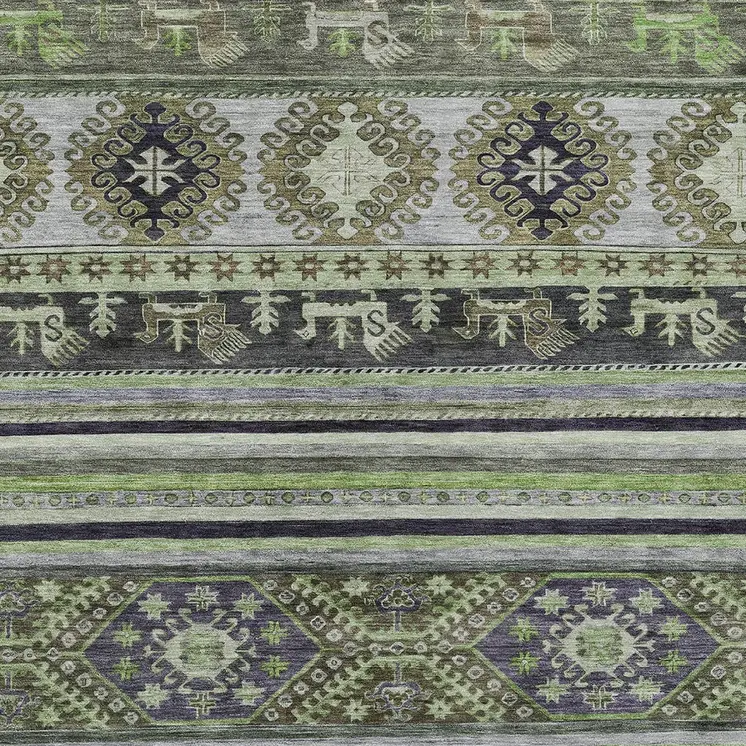 5' X 8' Fern Green Taupe And Ivory Tribal Washable Indoor Outdoor Area Rug
