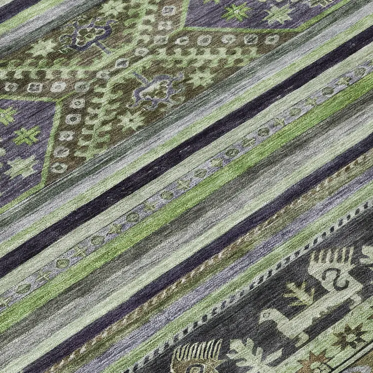 5' X 8' Fern Green Taupe And Ivory Tribal Washable Indoor Outdoor Area Rug