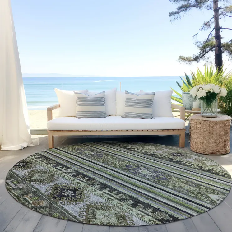 8' Fern Green Taupe And Ivory Round Tribal Washable Indoor Outdoor Area Rug