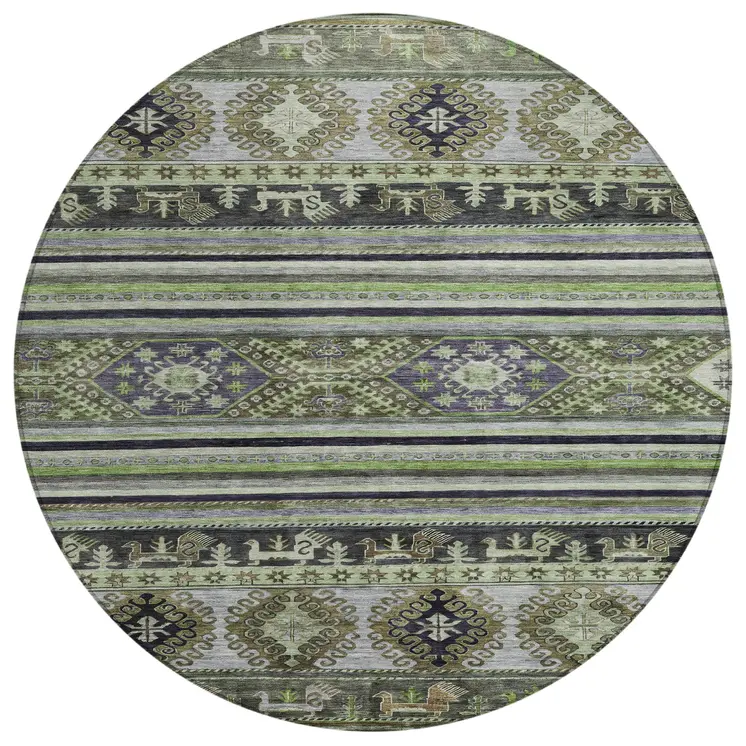 8' Fern Green Taupe And Ivory Round Tribal Washable Indoor Outdoor Area Rug