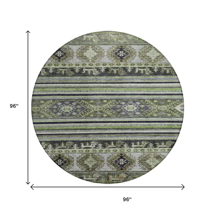 8' Fern Green Taupe And Ivory Round Tribal Washable Indoor Outdoor Area Rug