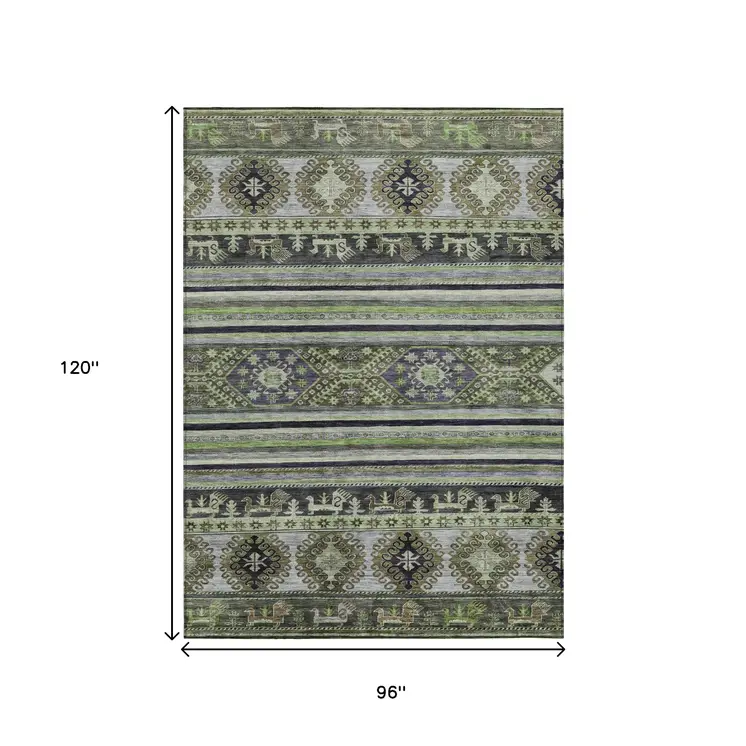8' X 10' Fern Green Taupe And Ivory Tribal Washable Indoor Outdoor Area Rug