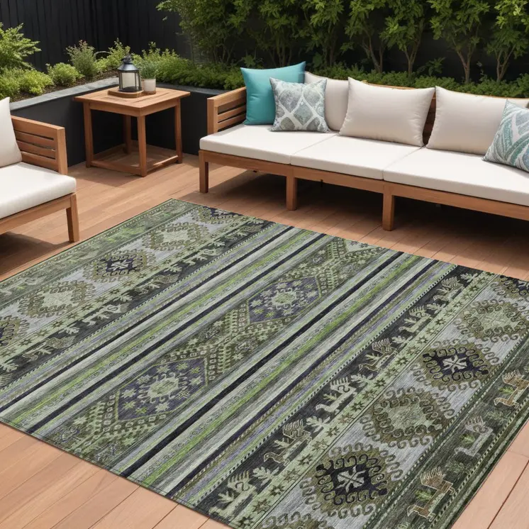 8' X 10' Fern Green Taupe And Ivory Tribal Washable Indoor Outdoor Area Rug