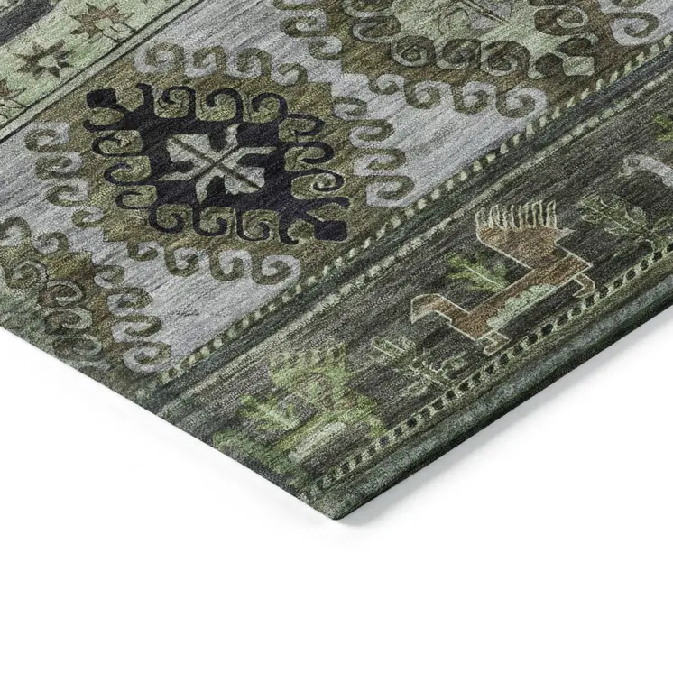 8' X 10' Fern Green Taupe And Ivory Tribal Washable Indoor Outdoor Area Rug