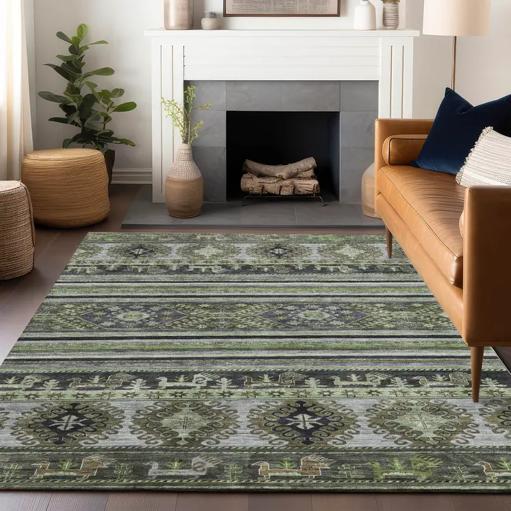 8' X 10' Fern Green Taupe And Ivory Tribal Washable Indoor Outdoor Area Rug