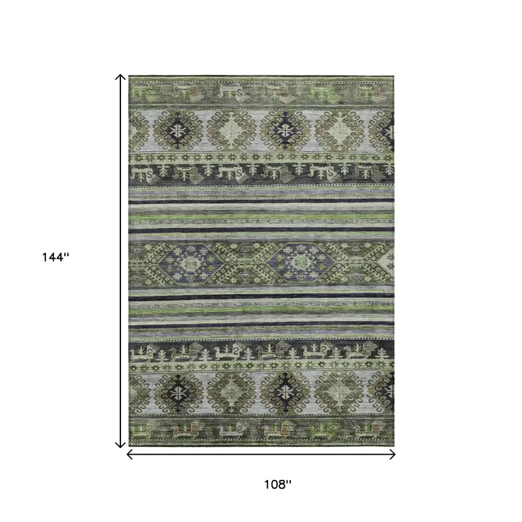 9' X 12' Fern Green Taupe And Ivory Tribal Washable Indoor Outdoor Area Rug