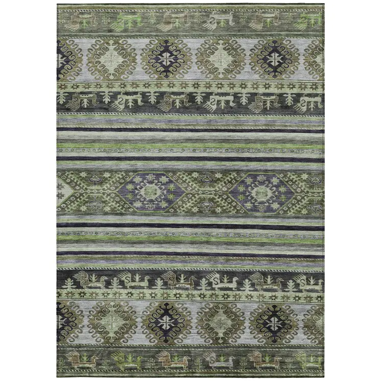 10' X 14' Fern Green Taupe And Ivory Tribal Washable Indoor Outdoor Area Rug