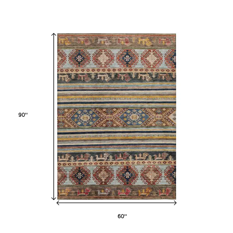 5' X 8' Rust Gray And Gold Tribal Washable Indoor Outdoor Area Rug