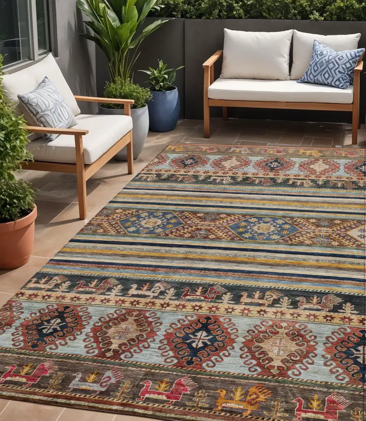 5' X 8' Rust Gray And Gold Tribal Washable Indoor Outdoor Area Rug