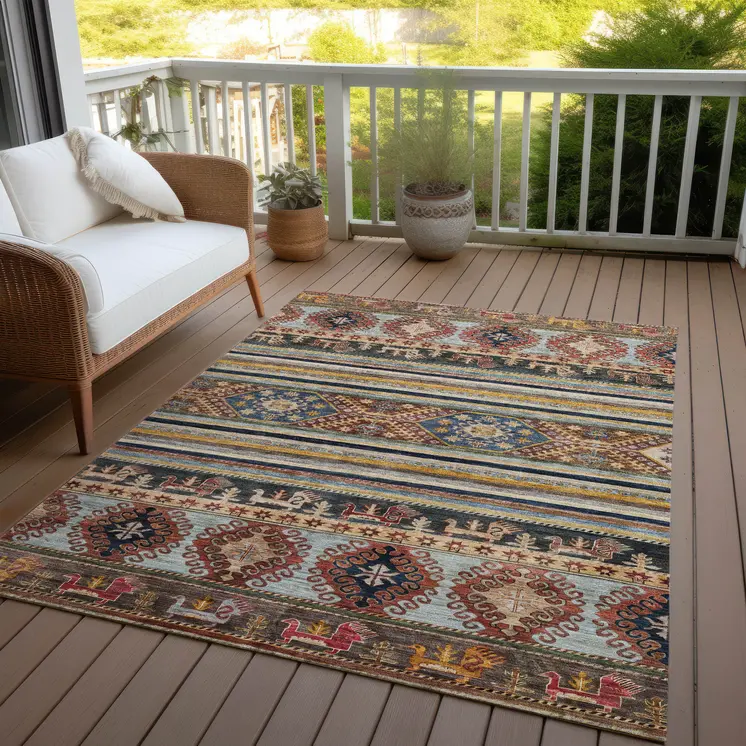 5' X 8' Rust Gray And Gold Tribal Washable Indoor Outdoor Area Rug