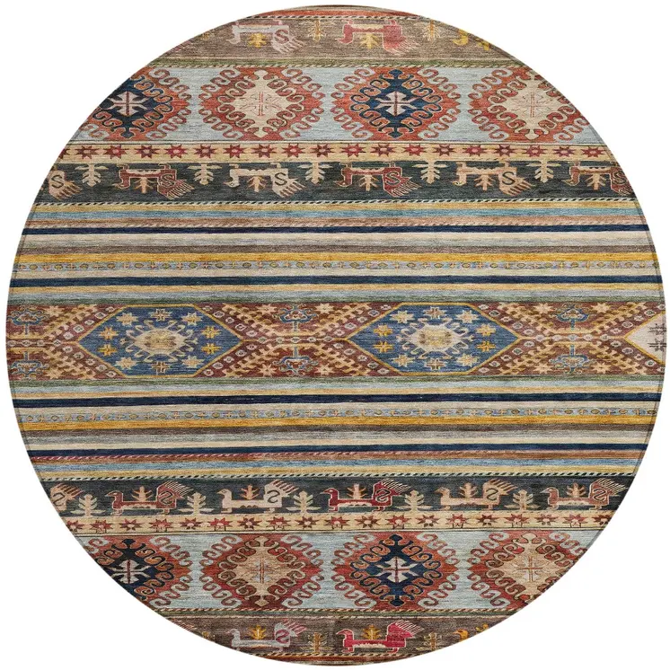 8' Rust Gray And Gold Round Tribal Washable Indoor Outdoor Area Rug