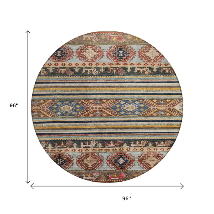 8' Rust Gray And Gold Round Tribal Washable Indoor Outdoor Area Rug