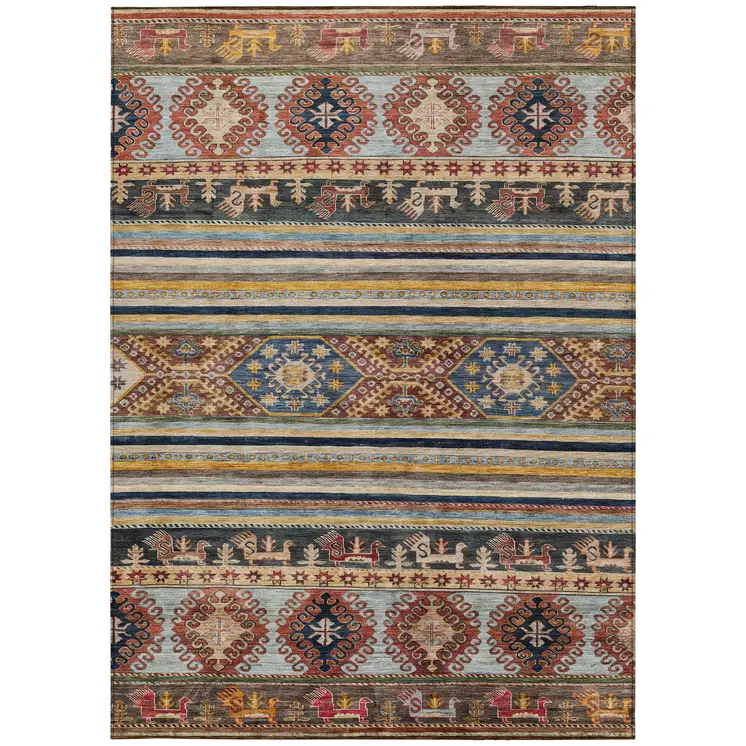 9' X 12' Rust Gray And Gold Tribal Washable Indoor Outdoor Area Rug