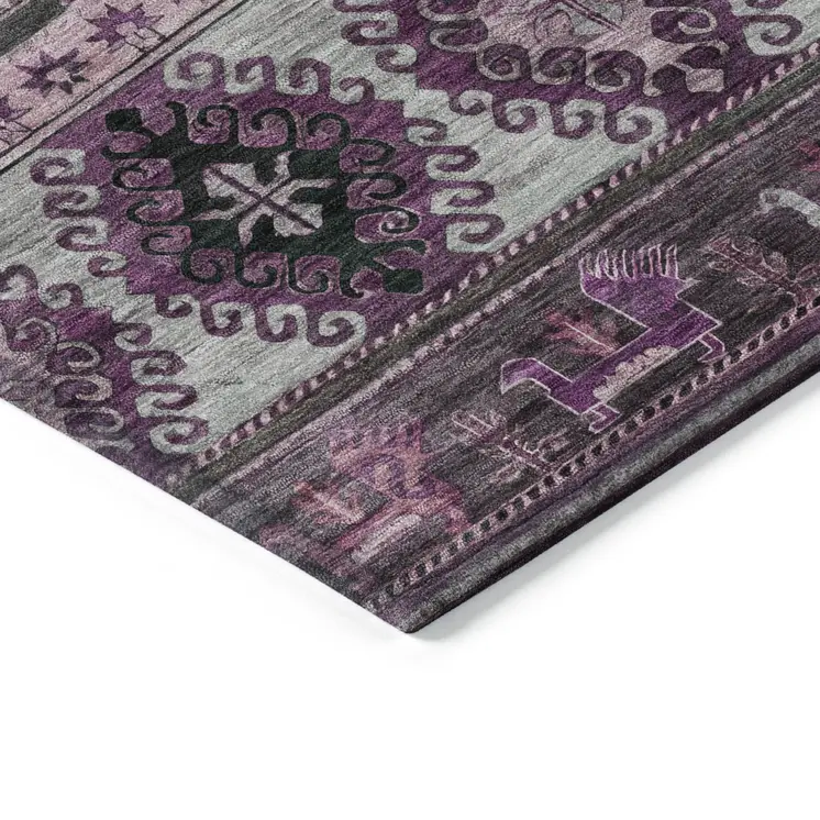 3' X 5' Purple Plum And Gray Tribal Washable Indoor Outdoor Area Rug