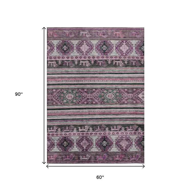 5' X 8' Purple Plum And Gray Tribal Washable Indoor Outdoor Area Rug