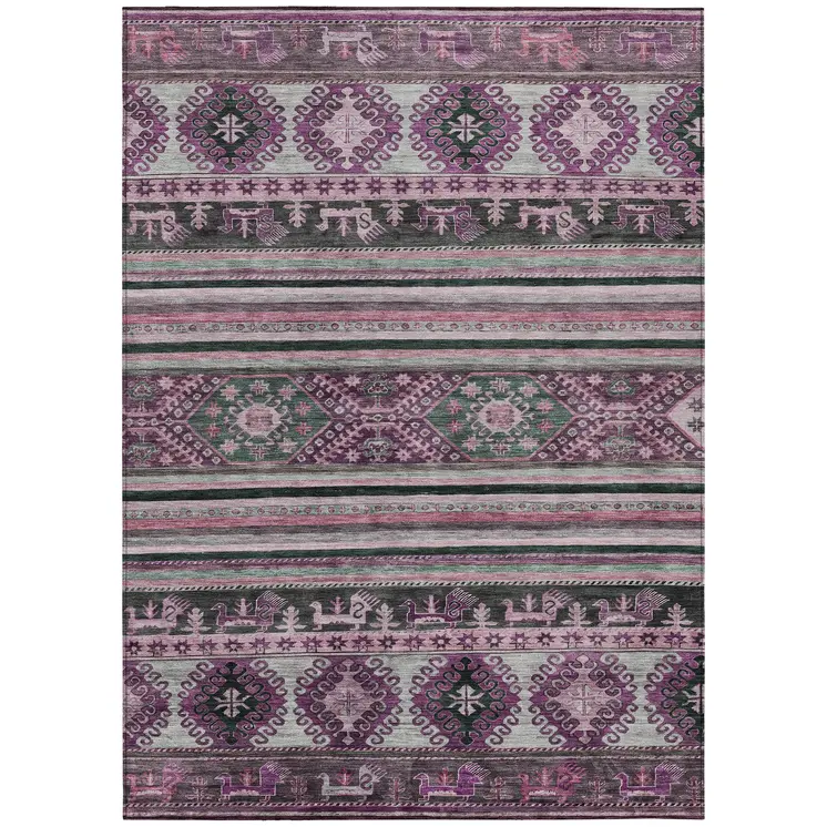 5' X 8' Purple Plum And Gray Tribal Washable Indoor Outdoor Area Rug