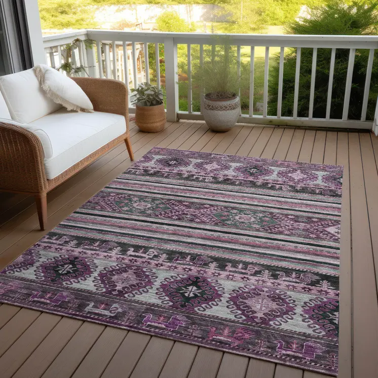 8' X 10' Purple Plum And Gray Tribal Washable Indoor Outdoor Area Rug