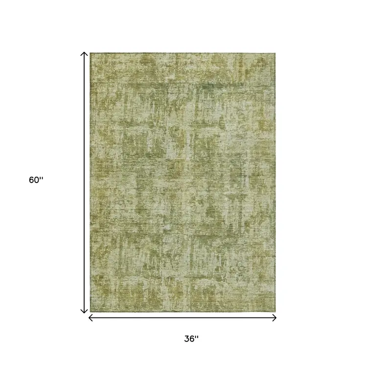 3' X 5' Artichoke Green And Beige Abstract Washable Indoor Outdoor Area Rug