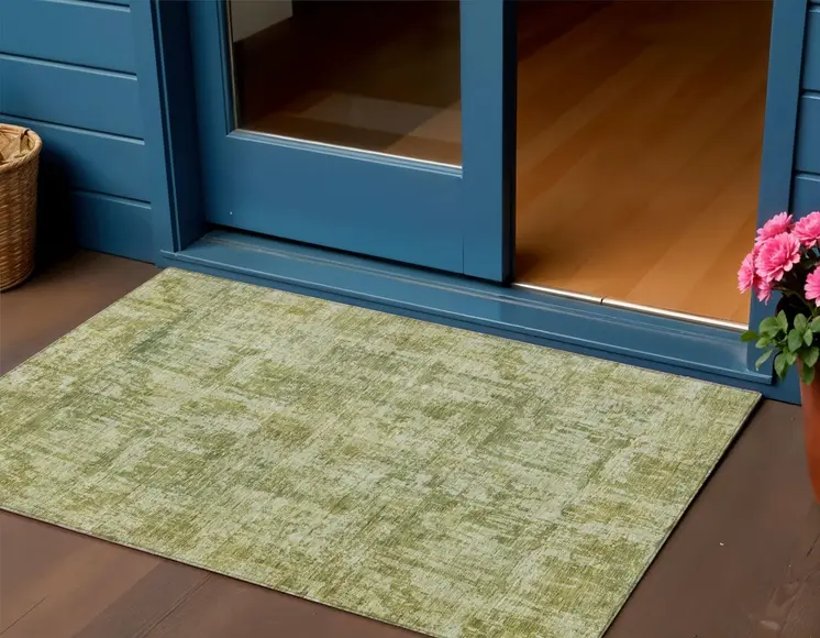 3' X 5' Artichoke Green And Beige Abstract Washable Indoor Outdoor Area Rug