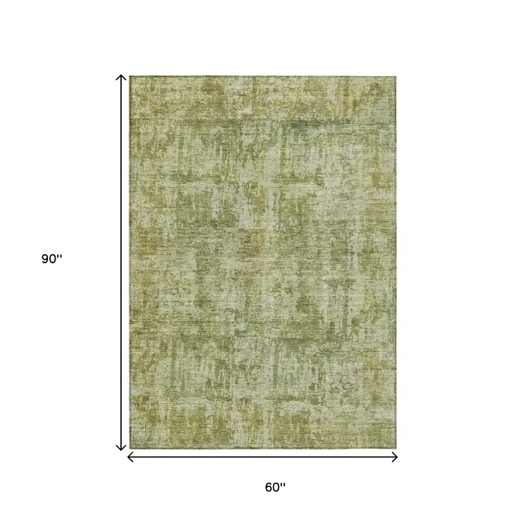 5' X 8' Artichoke Green And Beige Abstract Washable Indoor Outdoor Area Rug