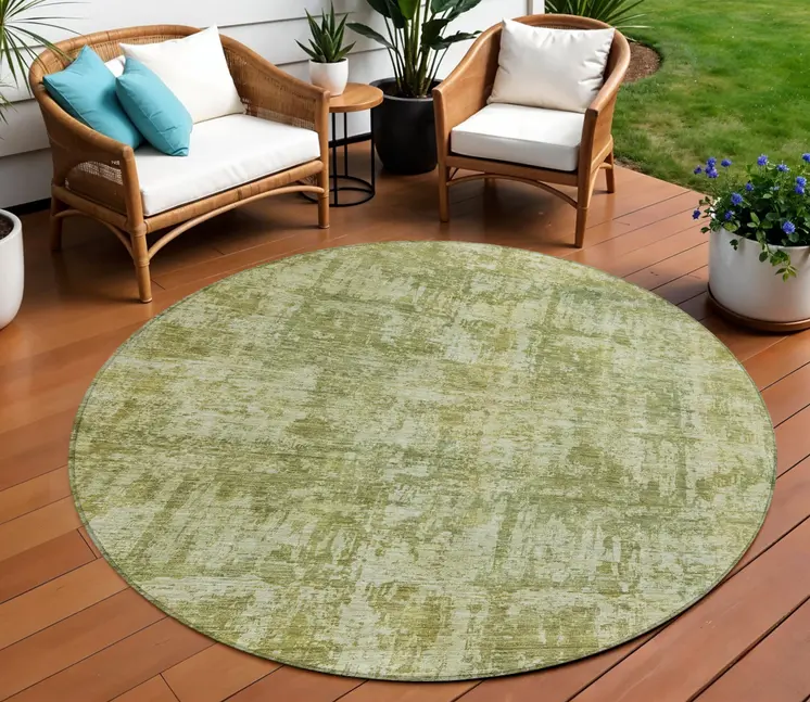 8' Artichoke Green And Beige Round Abstract Washable Indoor Outdoor Area Rug
