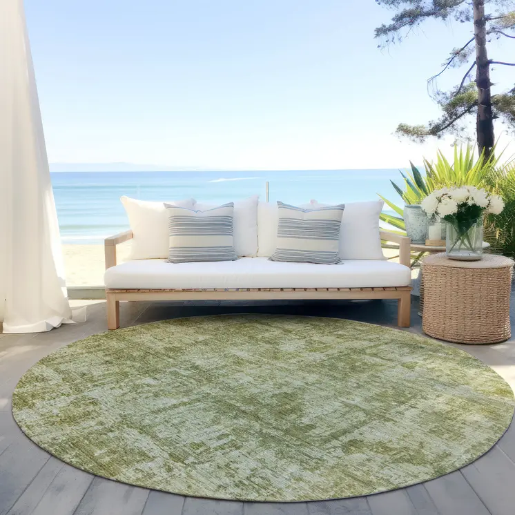 8' Artichoke Green And Beige Round Abstract Washable Indoor Outdoor Area Rug
