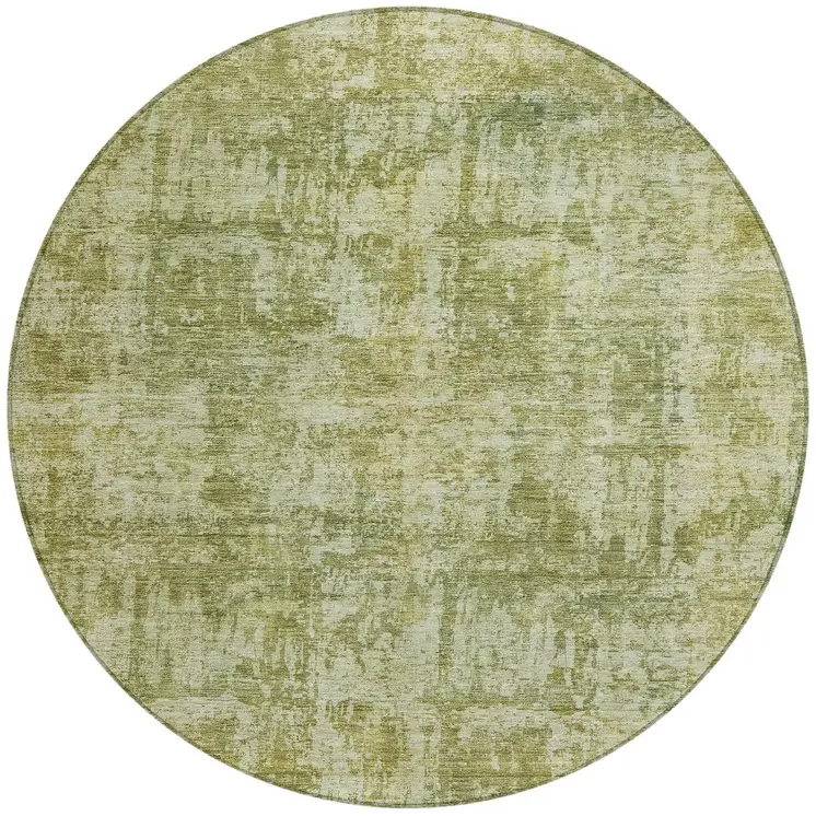 8' Artichoke Green And Beige Round Abstract Washable Indoor Outdoor Area Rug