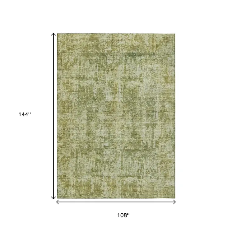 9' X 12' Artichoke Green And Beige Abstract Washable Indoor Outdoor Area Rug