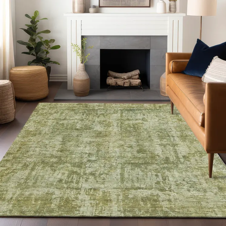 9' X 12' Artichoke Green And Beige Abstract Washable Indoor Outdoor Area Rug