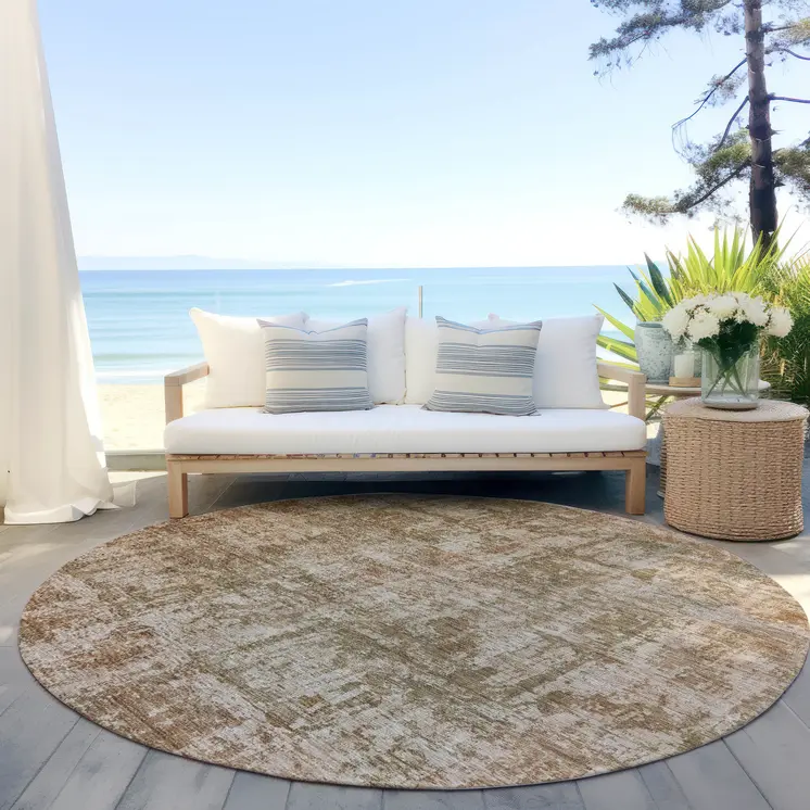 8' Beige And Copper Round Abstract Washable Indoor Outdoor Area Rug