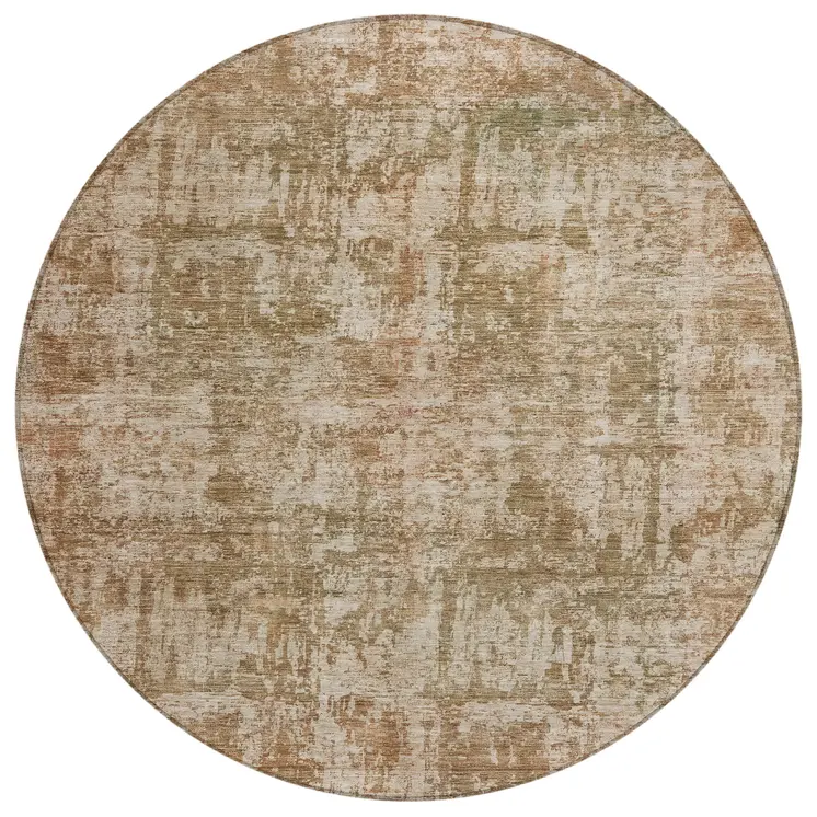 8' Beige And Copper Round Abstract Washable Indoor Outdoor Area Rug