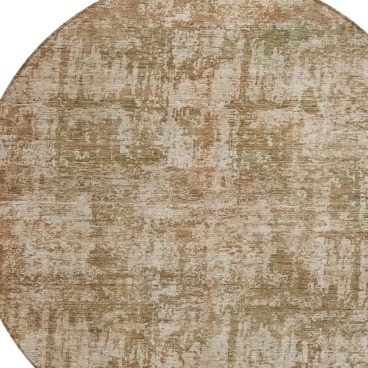 8' Beige And Copper Round Abstract Washable Indoor Outdoor Area Rug