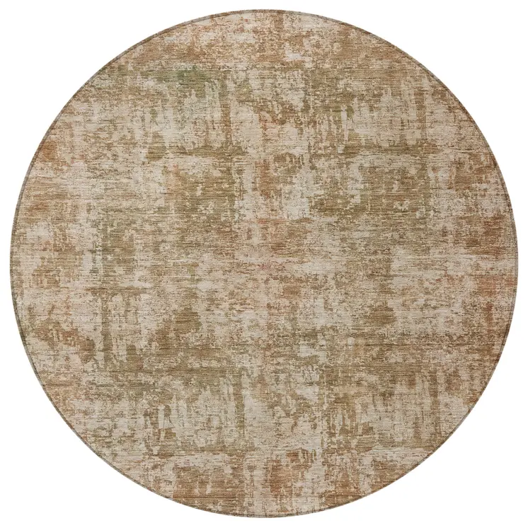 8' Beige And Copper Round Abstract Washable Indoor Outdoor Area Rug