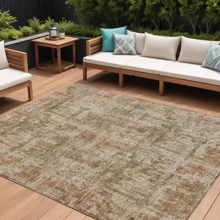 8' X 10' Beige And Copper Abstract Washable Indoor Outdoor Area Rug