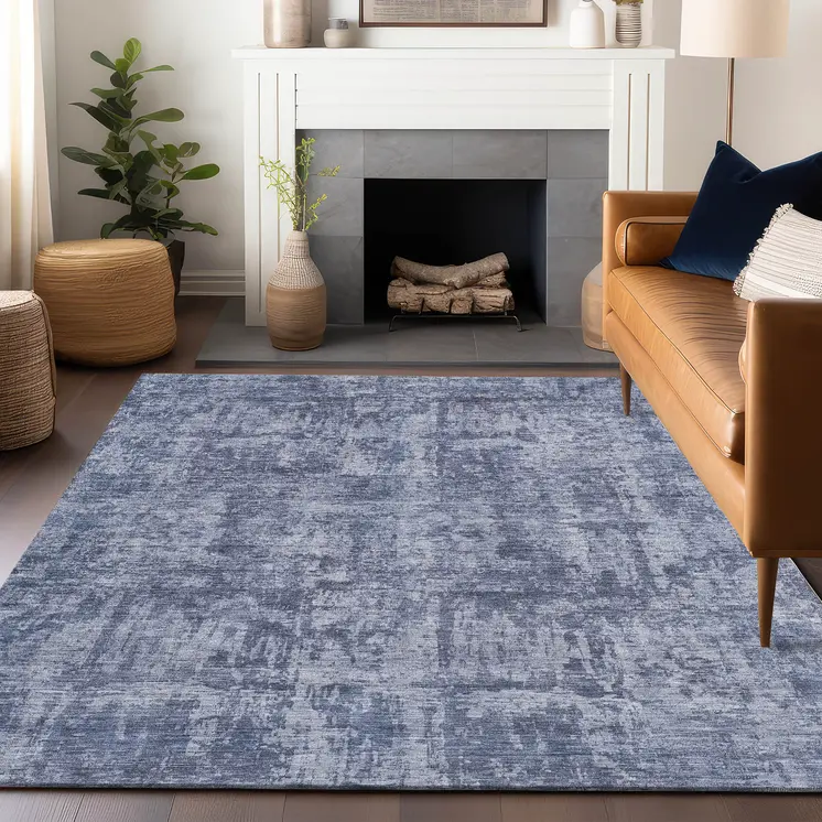 5' X 8' Blue And Ivory Abstract Washable Indoor Outdoor Area Rug