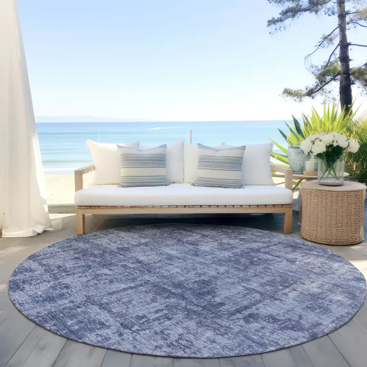 8' Blue And Ivory Round Abstract Washable Indoor Outdoor Area Rug