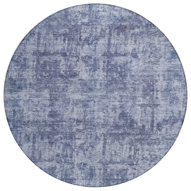 8' Blue And Ivory Round Abstract Washable Indoor Outdoor Area Rug