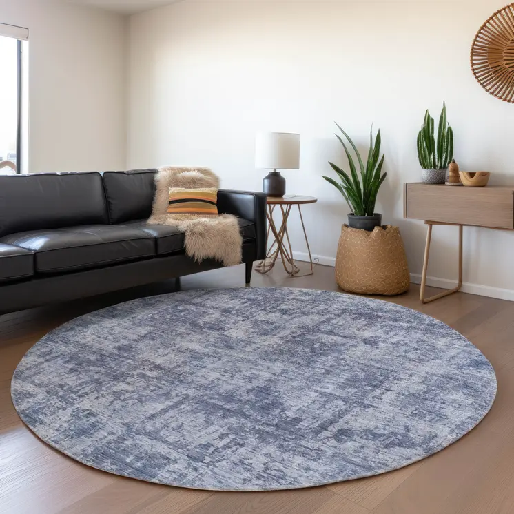 8' Blue And Ivory Round Abstract Washable Indoor Outdoor Area Rug