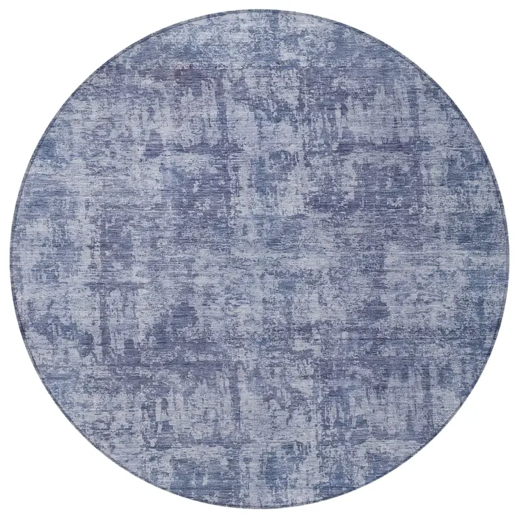 8' Blue And Ivory Round Abstract Washable Indoor Outdoor Area Rug