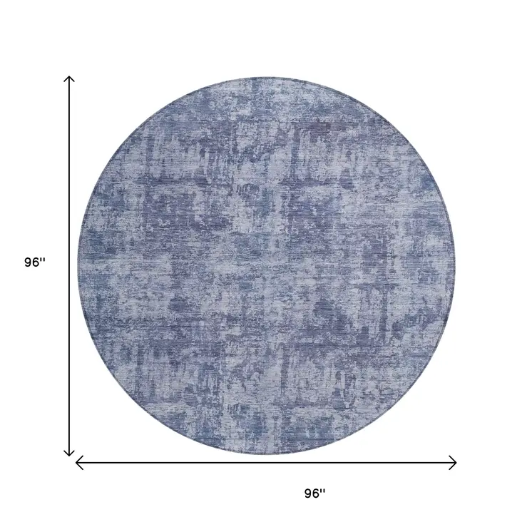 8' Blue And Ivory Round Abstract Washable Indoor Outdoor Area Rug