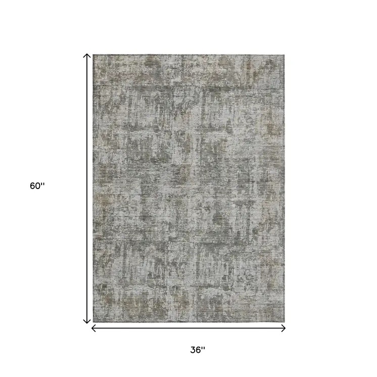3' X 5' Pewter And Ivory Abstract Washable Indoor Outdoor Area Rug