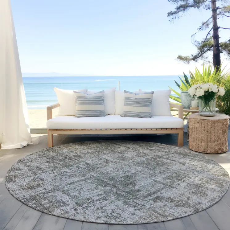 8' Pewter And Ivory Round Abstract Washable Indoor Outdoor Area Rug